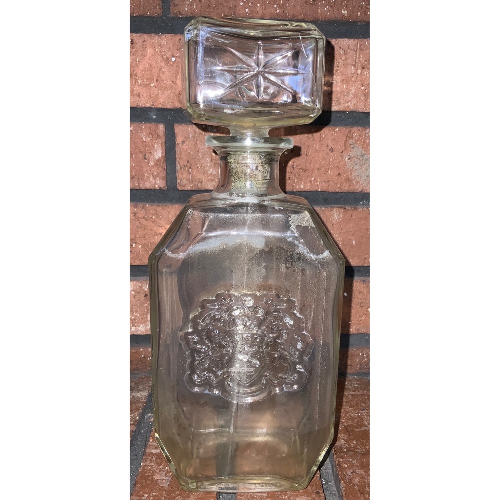 Vintage Octagonal Glass Liquor Decanter Heraldic Crest Starburst Stopper Clear